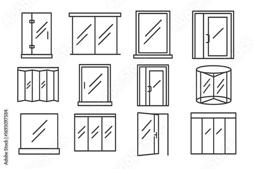 Line Style Glass Doors. Line style icons of glass doors and panels: glass shower door, glass sliding door, glass patio panel,