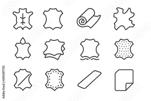 Leather Material Icons. Line style icons of leather materials: rawhide, leather hide, leather roll, leather scrap; dyed leather,