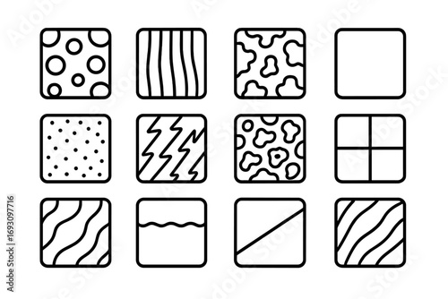 Fur Pattern Icons. Line style icons of fur patterns: spotted fur, striped fur, mottled fur, solid fur; speckled fur, zigzag fur,