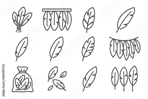 Feather Craft Icons. Line style icons of feather craft materials: feather bundle, feather trim, dyed feather, synthetic feather;