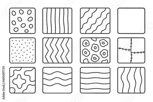 Fur Pattern Icons. Line style icons of fur patterns: spotted fur, striped fur, mottled fur, solid fur; speckled fur, zigzag fur,