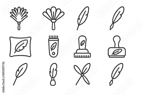 Feather Tool Icons. Line style icons of feather tools: feather duster, feather brush, feather tip, feather whisk; feather fan