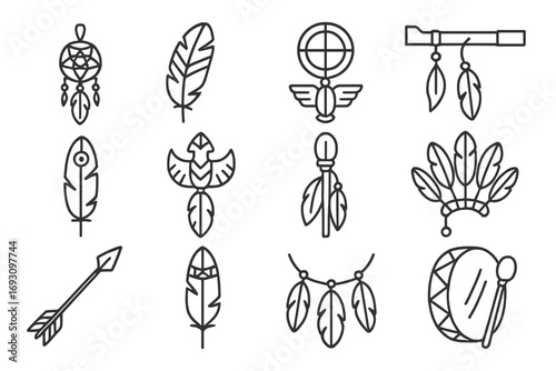Tribal Feather Icons. Line style icons of tribal feathers: dreamcatcher feather, war bonnet feather, medicine wheel feather, peace