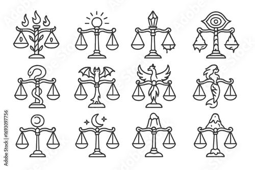 Fantasy Scale Icons. Line style icons of fantasy scales: enchanted scale, glowing scale, crystal scale, cursed scale; magic