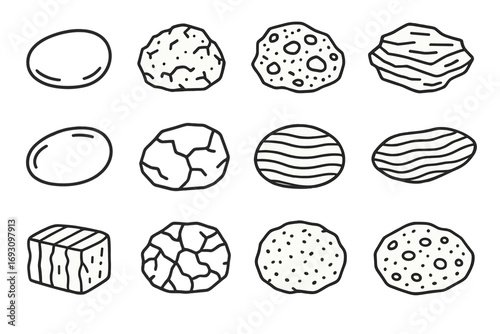 Line Style Rocks. Line style icons of textured rocks: smooth river rock, rough granite, porous lava stone, flaky shale; polished