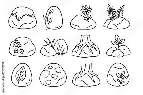 Nature-Inspired Rock Icons. Line style icons of rocks with flora: moss-covered boulder, stone with vine, flower on rock, fern