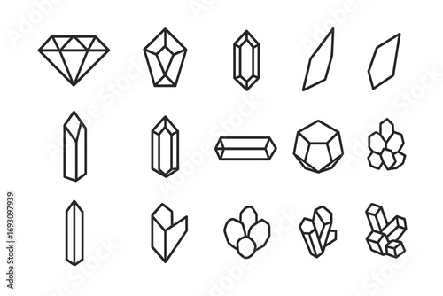 Mineral Line Art Icons. Line style icons of hard minerals: diamond tip, corundum twin, topaz crystal, spinel shard; quartz spike,