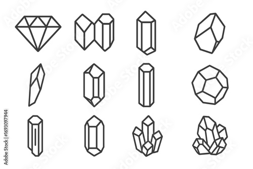 Mineral Line Art Icons. Line style icons of hard minerals: diamond tip, corundum twin, topaz crystal, spinel shard; quartz spike,