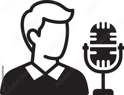 Podcast icon vector illustration of a presenter with microphone for media communication project