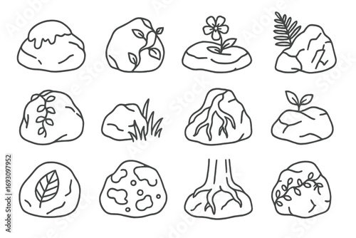 Nature-Inspired Rock Icons. Line style icons of rocks with flora: moss-covered boulder, stone with vine, flower on rock, fern