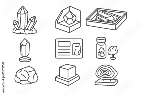 Mineral Study Icons. Line style icons of mineral samples for study: labeled quartz, boxed garnet, tray of mica, mounted crystal;