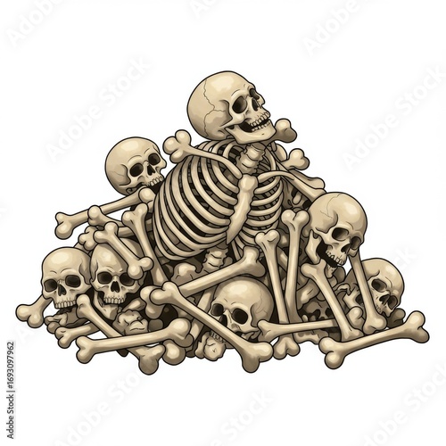 Pile of Skulls and Bones: A Creepy Beige Skeleton Illustration