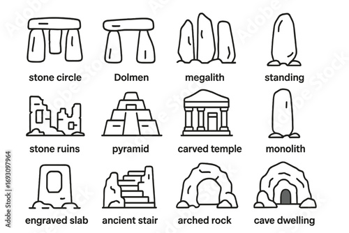 Ancient Rock Iconography. Line style icons of ancient rock structures: stone circle, dolmen, megalith, standing stone; stone ruins