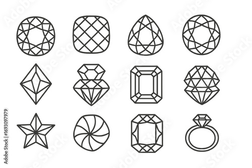 Faceted Gem Icons. Line style icons of faceted gems: brilliant cut diamond, checkerboard gem, concave faceted ruby, rose-cut