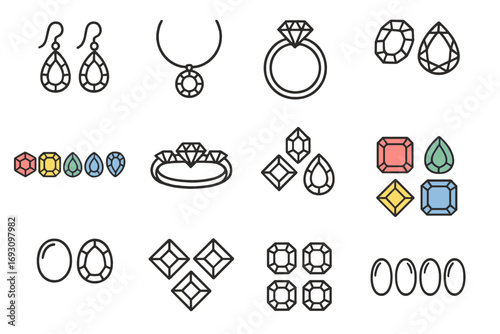 Gemstone Icon Collection. Line style icons of gem pairs and sets: matching ruby earrings, diamond necklace and ring, sapphire