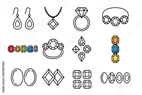 Gemstone Icon Collection. Line style icons of gem pairs and sets: matching ruby earrings, diamond necklace and ring, sapphire