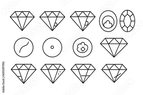 Diamond Clarity Icons. Line style icons of diamond clarity types: flawless diamond, very slight inclusion diamond, eye-visible