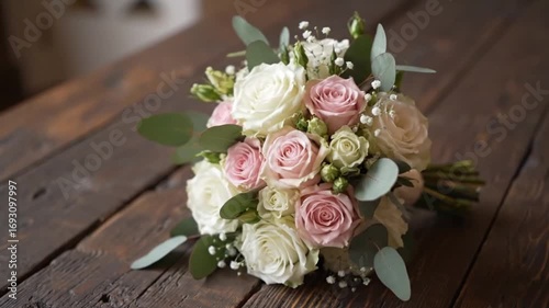 Wedding Bouquet on Wooden Table