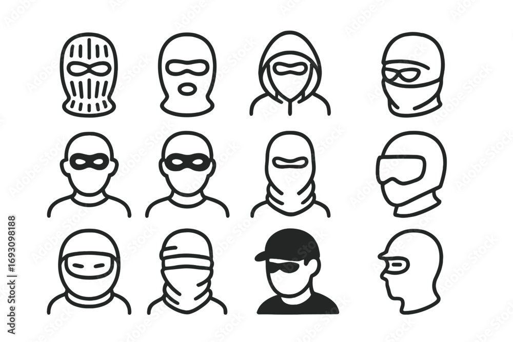 Fototapeta premium Masked Figure Icons. Line style icons of masked robbers: ski mask head, balaclava icon, hoodie figure, face cover symbol; thief