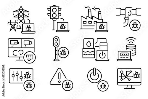 Infrastructure Security Breaches. Line style icons of hacking against infrastructure: power grid hack, traffic light breach,