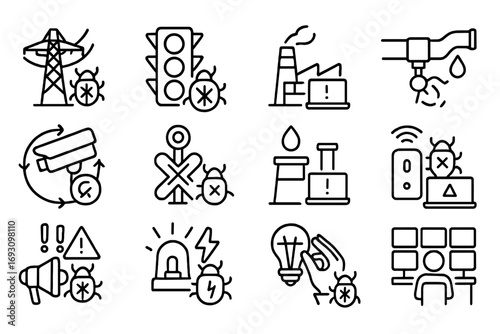 Infrastructure Security Breaches. Line style icons of hacking against infrastructure: power grid hack, traffic light breach,
