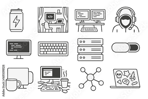 Hacker Lifestyle Icons. Line style icons of hacker lifestyle: energy drink can, dark room desk, dual-screen rig, hoodie and