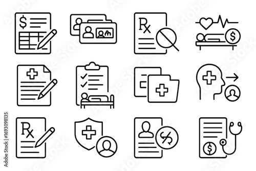 Healthcare Fraud Icons. Line style icons of healthcare fraud: false billing entry, duplicate insurance card, forged prescription,