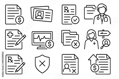 Healthcare Fraud Icons. Line style icons of healthcare fraud: false billing entry, duplicate insurance card, forged prescription,