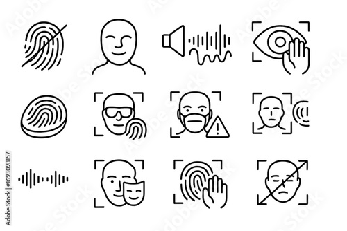 Biometric Fraud Icons. Line style icons of biometric fraud: altered fingerprint, 3D face mask, voice pattern clone, retina