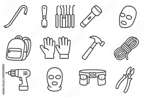 Burglary Tools Icons. Line style icons of burglary tools: crowbar, glass cutter, lockpick set, flashlight; backpack for loot,