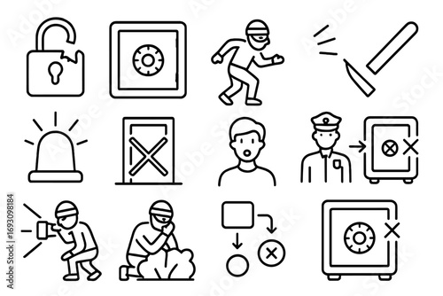 Failed Robbery Icons. Line style icons of attempted robbery: broken lock not open, vault untouched, thief caught mid-action, tool