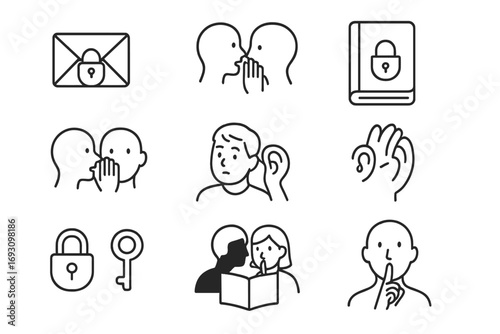 Secrets and Whispers Icons. Line style icons of secret confessions: envelope with lock, whispered message, hidden diary, secret