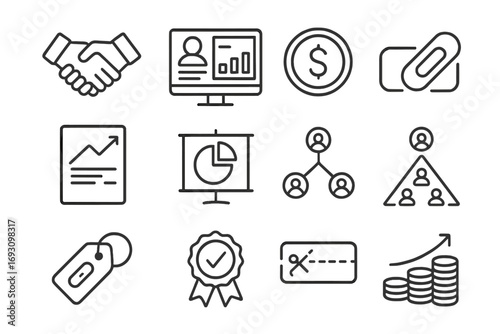 Affiliate Marketing Icons. Line style icons of affiliate marketing: handshake icon, affiliate dashboard, payout dollar, track link