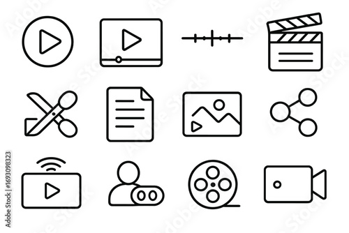 Video Marketing Icons. Line style icons of video marketing: play button, video player, timeline bar, clapboard; video edit