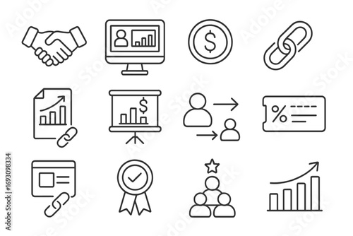 Affiliate Marketing Icons. Line style icons of affiliate marketing: handshake icon, affiliate dashboard, payout dollar, track link