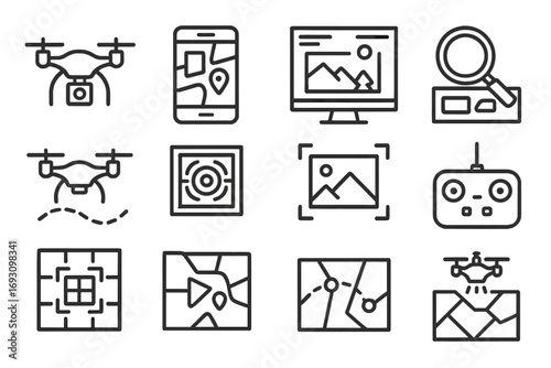 Drone Tech Icons. Line style icons of drone and tech search: drone with camera, digital map scan, aerial photo feed, zooming