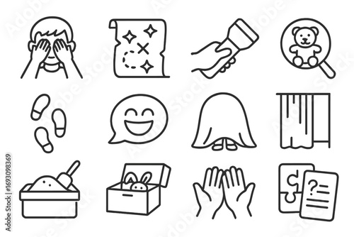 Children's Search Icons. Line style icons of children’s search games: hide and seek icon, treasure map with stars, flashlight in