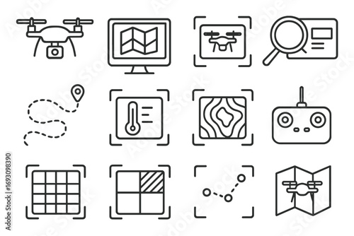 Drone Tech Icons. Line style icons of drone and tech search: drone with camera, digital map scan, aerial photo feed, zooming