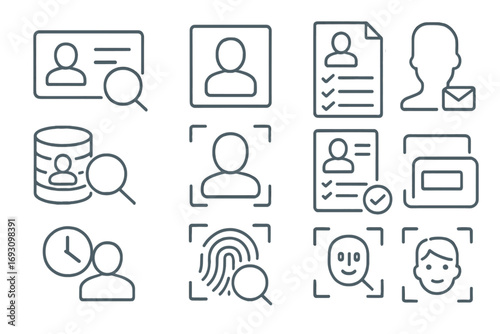 Identity Search Icons. Line style icons of identity and profile search: ID with magnifier, user photo icon, profile checklist,