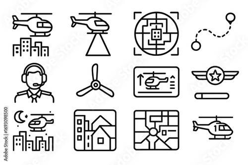 Air Patrol Icons. Line style icons of air patrol: helicopter above city, searchlight beam, aerial camera view, sky grid path;