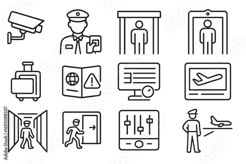 Airport Security Icons. Line style icons of airport patrol: terminal camera, officer with boarding icon, customs gate, security