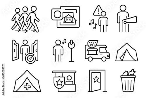 Festival Icon Set. Line style icons of festival and event patrol: crowd movement icon, stage view camera, lost person alert, open