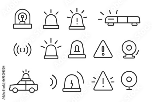 Emergency Icon Collection. Line style icons of emergency sirens: rotating beacon light, flashing siren icon, warning symbol with