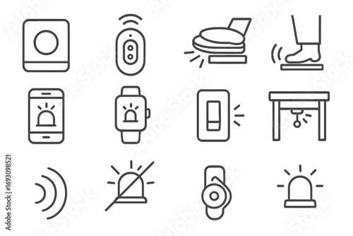 Silent Siren Icons. Line style icons of silent siren triggers: panic button icon, remote control beacon, pressure pad alert, foot