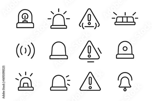 Emergency Icon Collection. Line style icons of emergency sirens: rotating beacon light, flashing siren icon, warning symbol with