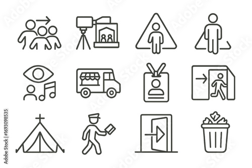 Festival Icon Set. Line style icons of festival and event patrol: crowd movement icon, stage view camera, lost person alert, open