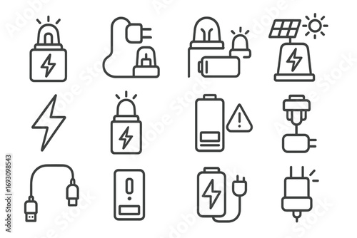 Power and Battery Icons. Line style icons of power and battery for sirens: battery icon with light, charging port for beacon, low