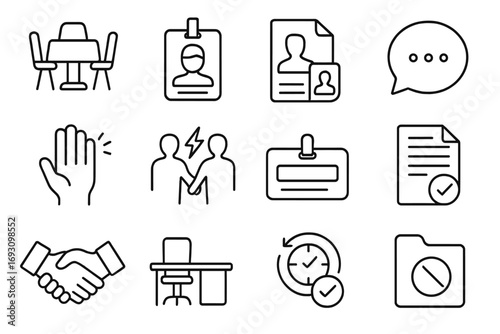 Workplace Mediation Icons. Line style icons of workplace mediation: office table with three chairs, HR badge icon, employee file,