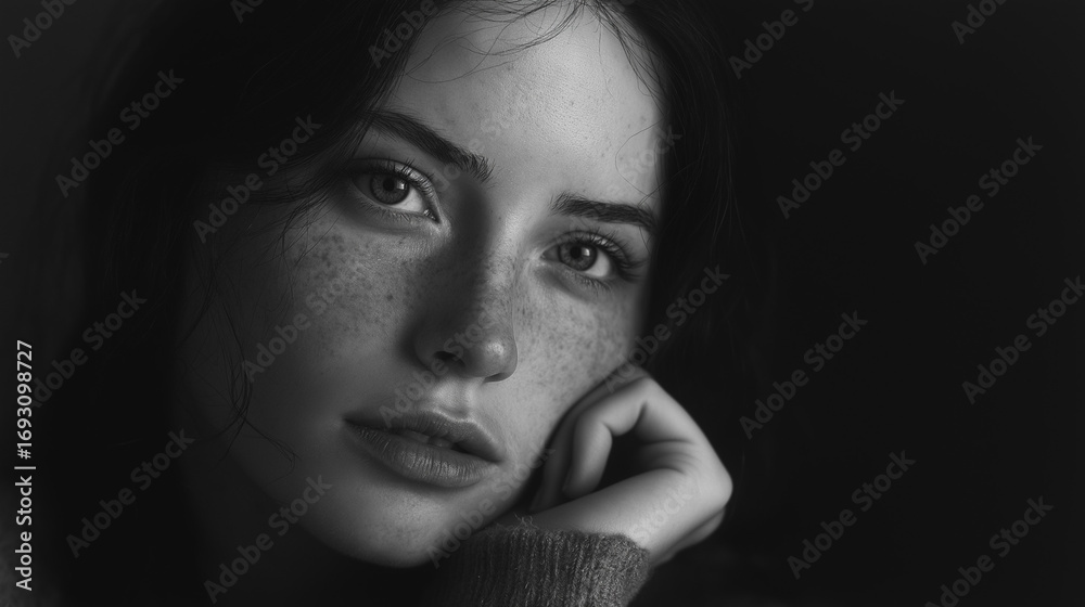 Fototapeta premium Young woman with freckles resting chin on hand in soft light 