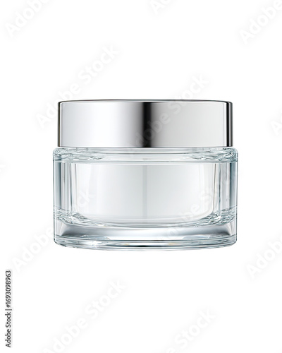 Clear, rectangular jar with a metallic lid.  A cosmetic container, likely for cream or lotion, with a frosted, translucent quality